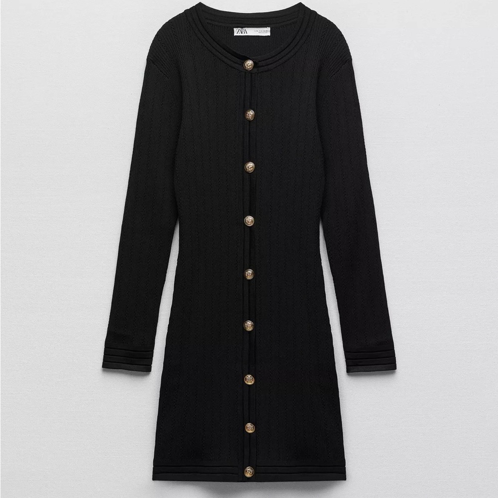 Zara Gold-Button Black Knit Dress